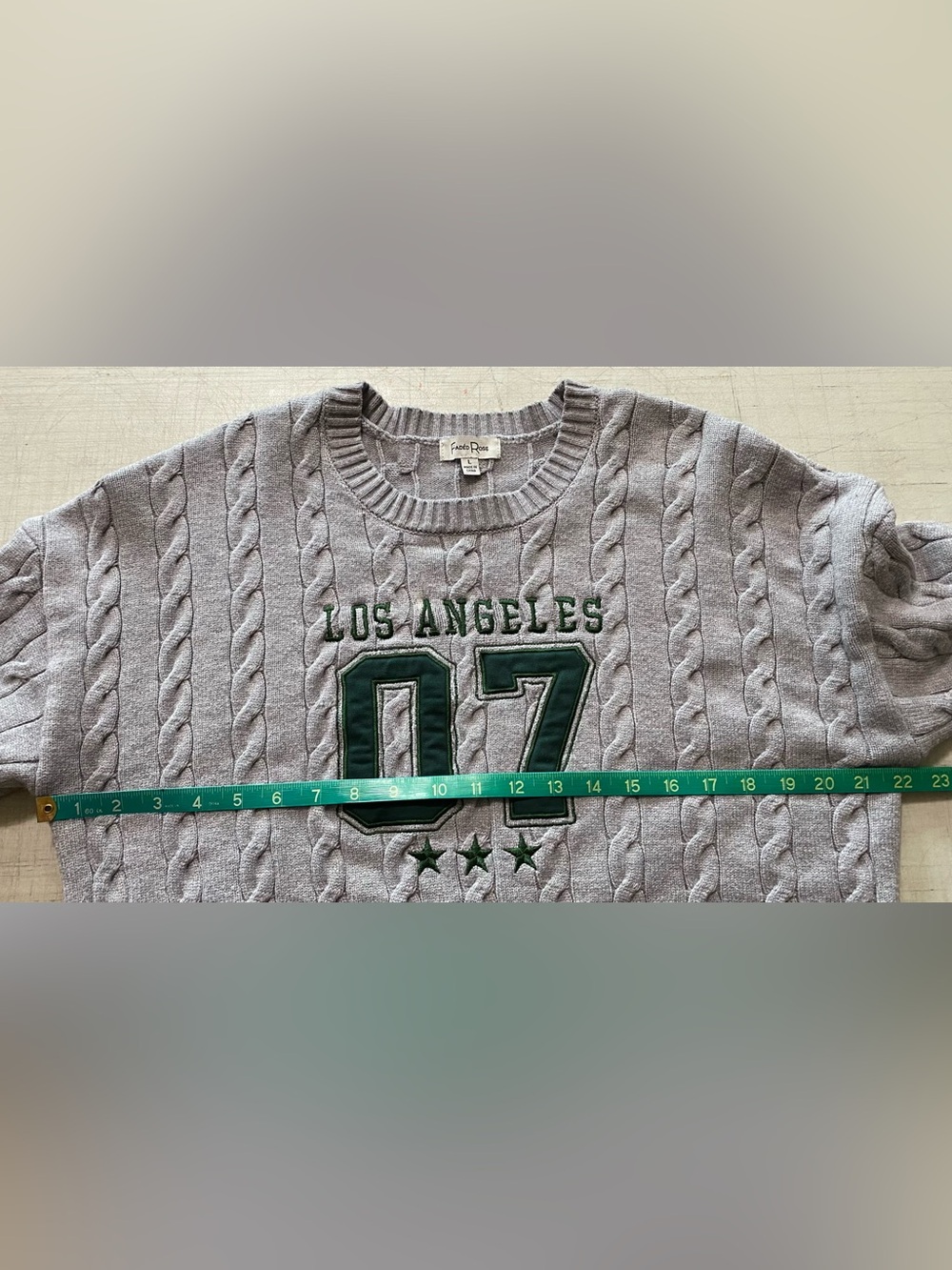Faded  Rose Los Angeles 07 Cable Knit Cropped Sweater - Gray with Green Applique - Picture 7 of 9